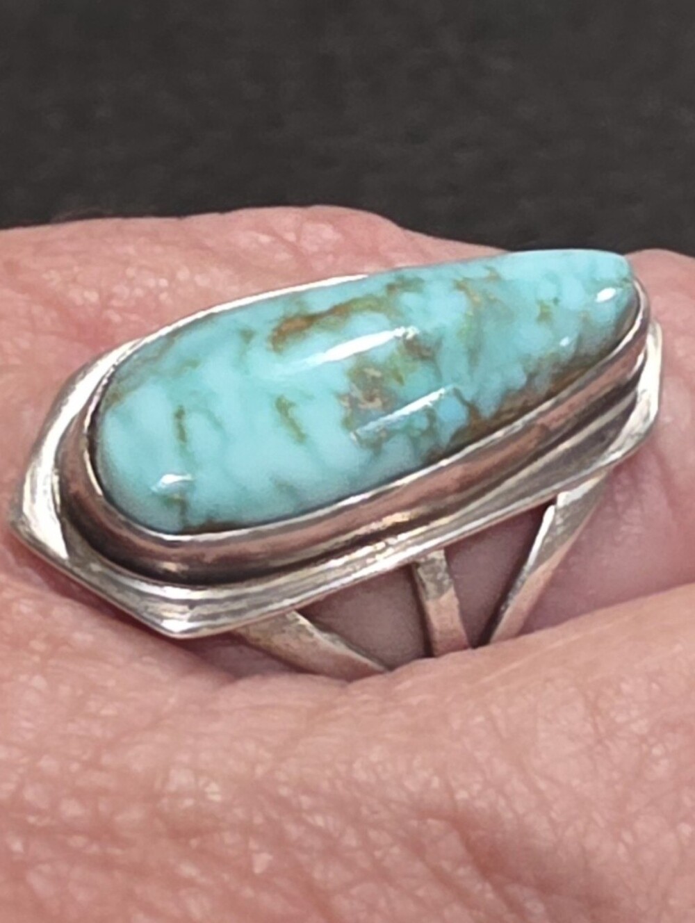Lone Mountain Turquoise Sterling Silver Teardrop Ring - Native American. Size 7